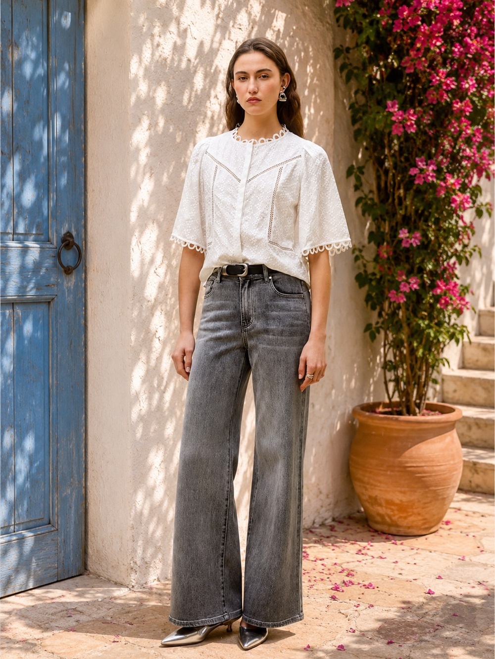 SUNCOO Wide-Leg Gray Washed Jeans